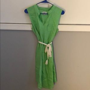 Green V-Neck Dress with White Roped Tie